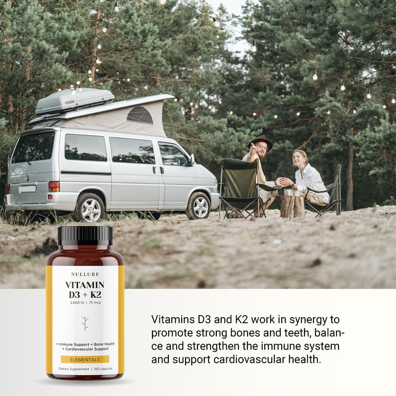 Nullure Vitamin D3 K2 (MK7) Natural | 2000 IU | Daily Balanced Formulation for Easy Assimilation I Strengthens Immune System · Cardiovascular System · Bones · Teeth · Muscles |180 Capsules (6 Months)
