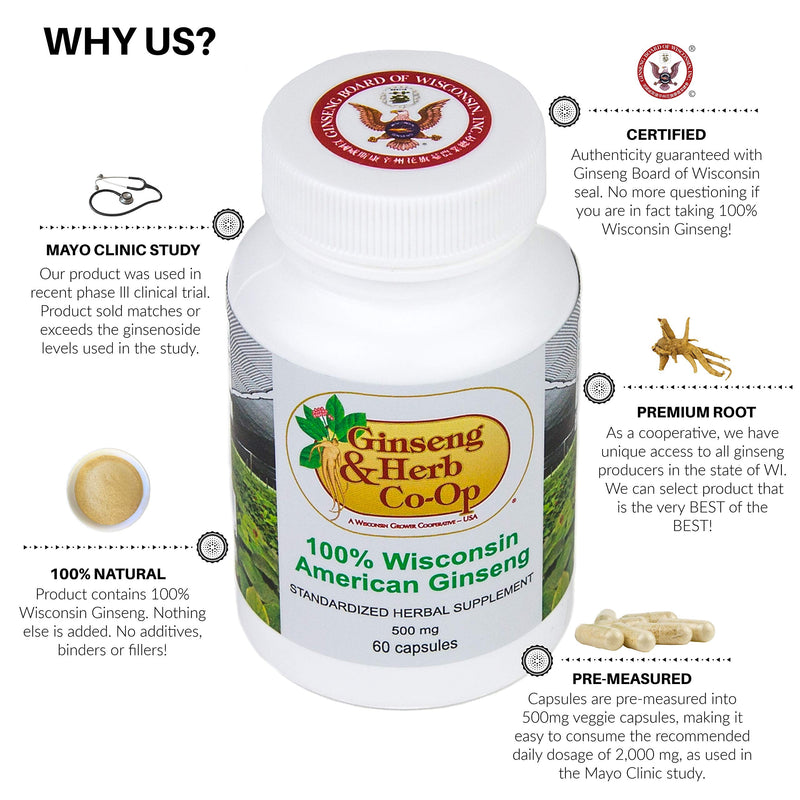 [Australia] - 100% Pure Wisconsin American Ginseng Capsules - 500mg. Authentic Panax Quinquefolius. Potent Ground Ginseng Root - No Fillers, Binders or Other Additives. 