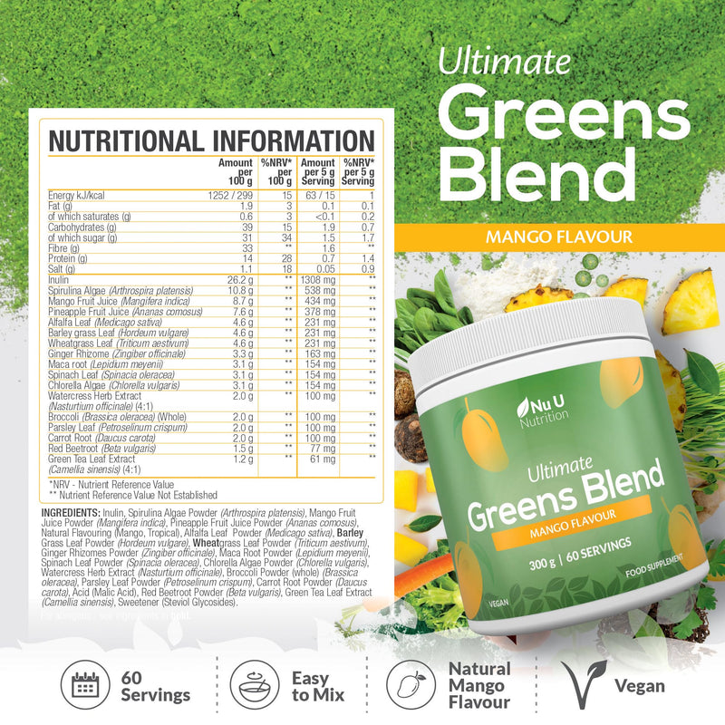 Nu U Nutrition - Super Greens Blend Mango Powder 300g - 17 Active Superfood Ingredients - 60 Servings - Vitamin & Mineral Rich Supplement - 100% Vegan, No Additives