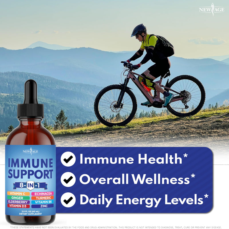 NEW AGE 8-in-1 Immune Support Liquid Drops – Elderberry, Turmeric Curcumin, Echinacea, Ginger, Vitamins C & D3, Zinc & B6 – Fast-Absorbing Immune & Antioxidant Support – Vegan, Non-GMO – 2 oz 2 Fl Oz (Pack of 1)