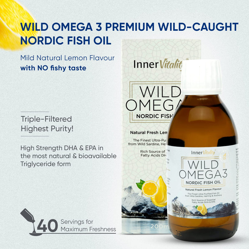 Omega 3 Fish Oil Liquid - Natural Fresh Lemon Flavour with NO Fishy Taste, High Strength DHA/EPA - 200ml Made from Wild Caught Nordic Fish Oil | 3rd Party Tested for Purity - Inner Vitality 200 ml (Pack of 1)