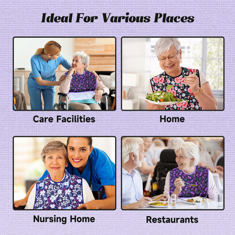 [Australia] - Adult Bibs - 3 Pcs Washable Clothing Protector with Crumb Catcher, Reusable Waterproof Large Feeding Adult Bib Flowers 