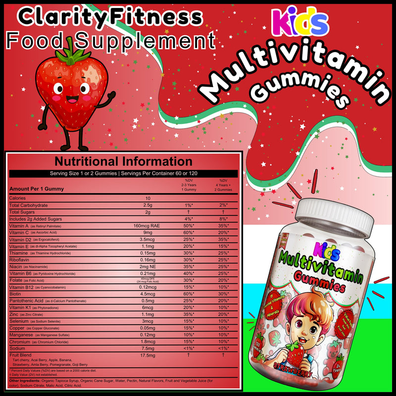 Multivitamin for Kids -120 Natural Strawberry Flavour Gummies (2 Or 4 Month Supply) - Low-Sugar -19 Essentials Vitamins & Minerals - Vegetarian Vitamins for Kids (120 Gummies, Strawberry) 120 count (Pack of 1)