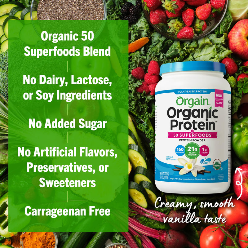 Orgain Organic Vegan 21g Protein + Superfoods Powder, Vanilla Bean, 2.02lb | Plant based protein, 50 superfoods, 8g prebiotic fiber, gluten free, no added sugar, non-GMO, no lactose ingredients 2.02 Pound (Pack of 1)