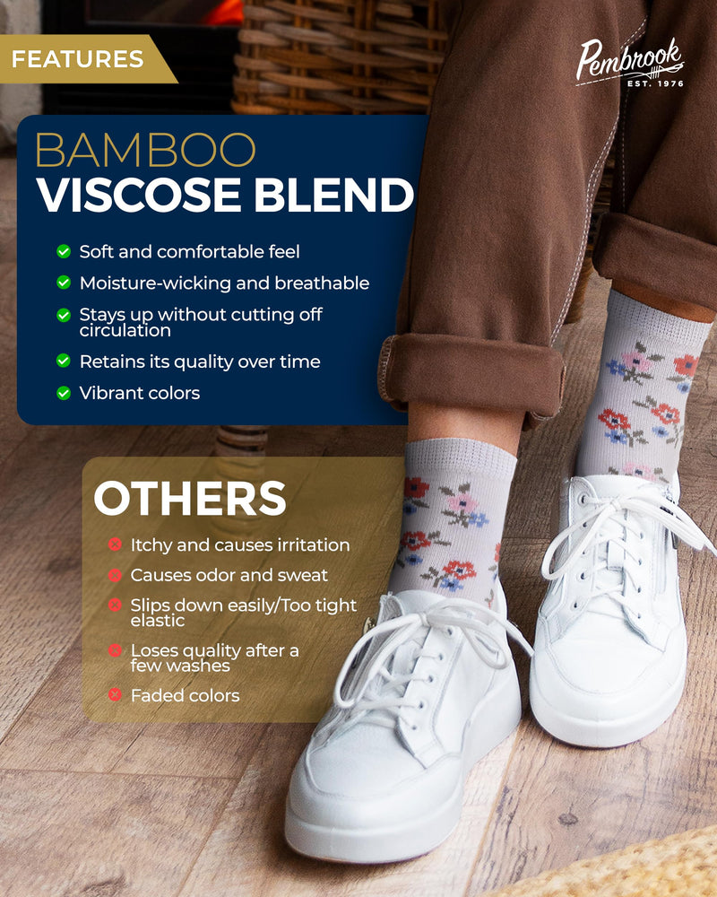 [Australia] - Pembrook Ankle Diabetic Socks for Women & Men - 4 Pairs Flowers, Moisture-Wicking Non Binding Socks Women, Neuropathy and Edema, Stretchy Wide Top Large Flowers Set 1 - 4 Pairs 