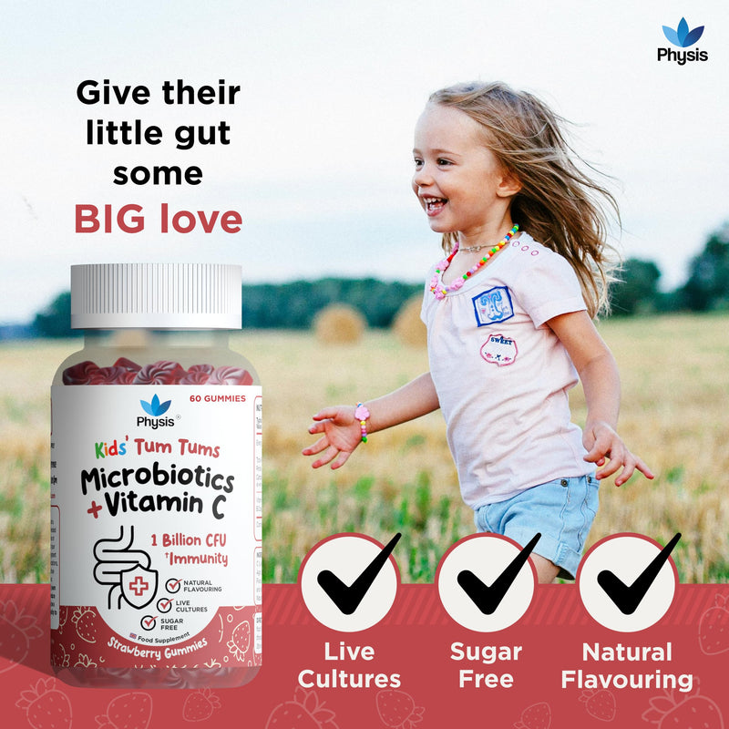 Physis Tum Tums Sugar Free Gummies 2+ | 1 Billion CFU & Vitamin C | Toddlers (Chewing Age) & Children | Gut, Good Health & Immunity | Daily Routine Support | Live Cultures | 60 Strawberry Gummies 60 count (Pack of 1)