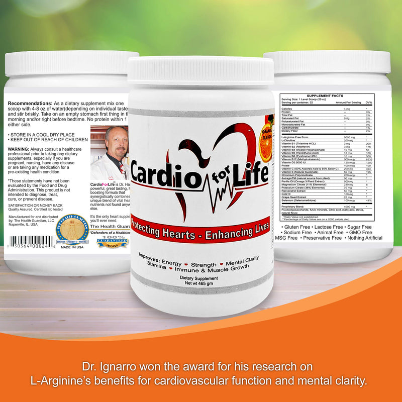 [Australia] - Cardio for Life L-Arginine Powder 16oz - Orange Natural Nitric Oxide Supplement Cardiovascular Increase Energy 16 Ounce (Pack of 1) 
