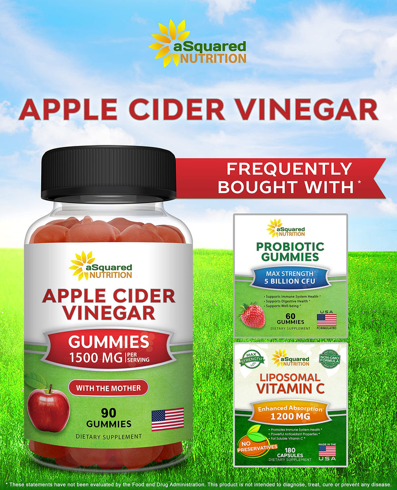 Apple Cider Vinegar Gummies - 1500mg/Serving - ACV Supplement with Mother | ACV with Vitamin B6 & B12, Folic Acid - Vegan Gummy Alternative to Capsules, Pills, Tablets & Drink - 90 Gummies 90 Count (Pack of 1)