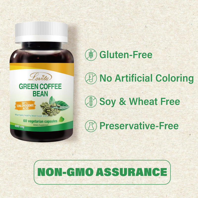 [Australia] - Lovita Green Coffee Bean Extract, 50% Chlorogenic Acid for Metabolism, Energy & Weight Management, 800 mg per Day, Vegan, Non-GMO, Gluten-Free, Natural Antioxidant Supplement, 60 Capsules 60 Count (Pack of 1) Classic Packaging 