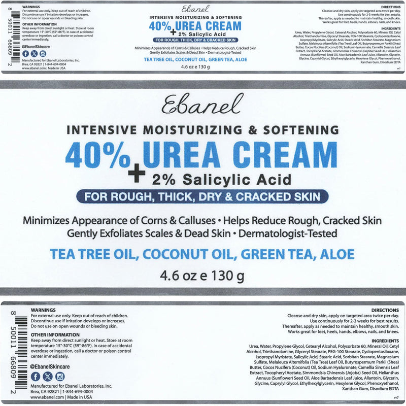 Ebanel Urea Cream 40% plus Salicylic Acid 2% for Dry Cracked Feet Skin, 2PK | Deeply Moisturizes & Softens Dry Cracked Heels, Feet, Knees, Elbows, Hands, Rough Dead Skin Callus Remover Toenail Softener 4.6 Ounce (Pack of 2)