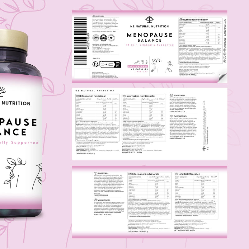 Menopause Supplements, 14-in-1 Formula with Clinical Support. 45 Capsules with Vitamin d3 k2, Omega 3, Biotin, Folic Acid. Estrogen and Hormone Balance for Women. N2 Natural Nutrition® Menopause Supplements