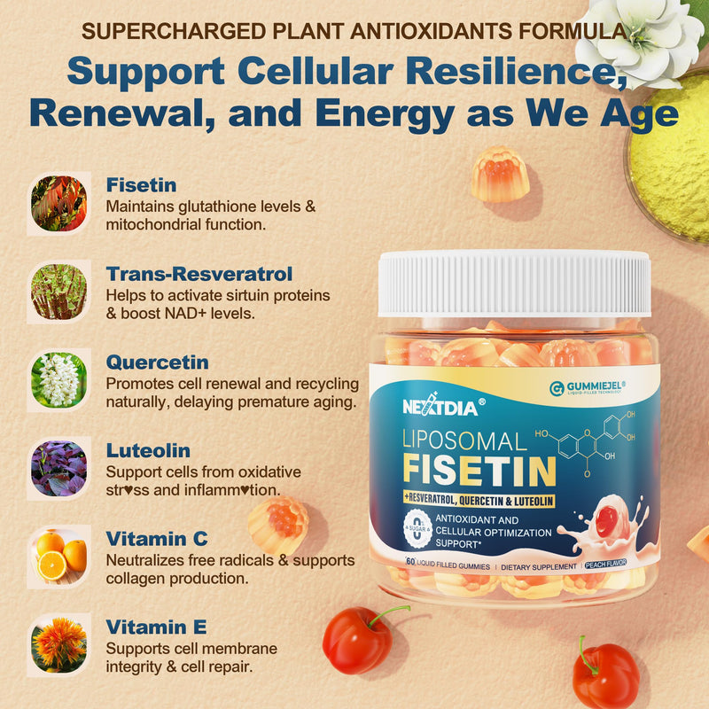 [Australia] - Liposomal Fisetin 200mg & Resveratrol Complex 500mg Liquid Gummies - Longevity & Cell Renewal Support - 98% High Purity Fisetin,Trans-Resveratrol Quercetin Luteolin with Vitamins C & E, 1-A-Day, 60Cts 60 Count (Pack of 1) 