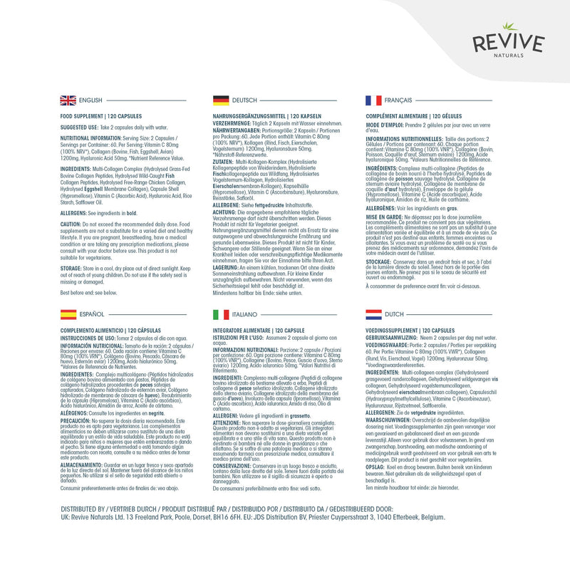 Revive Naturals Multi Collagen Protein Capsules - Types I, II, III, V & X - Hydrolysed Grass Fed Bovine, Wild Caught Marine & Free-Range Chicken, Made with Hyaluronic Acid & Vitamin C, 120 Caps