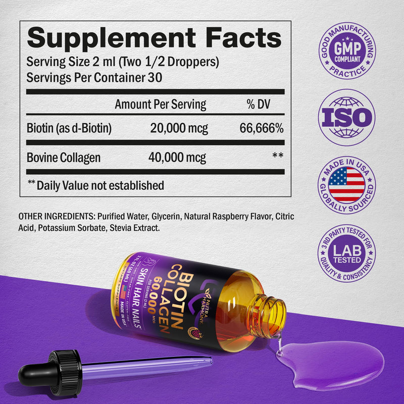 [Australia] - Liquid Biotin & Collagen - Vitamins for Hair Growth Support for Women & Men - Extra Strength 60000 mcg Drops - B7 Supplement - Strong Nails & Healthy Skin - 98% Faster Absorption Than Pills 2 Fl Oz (Pack of 1) 