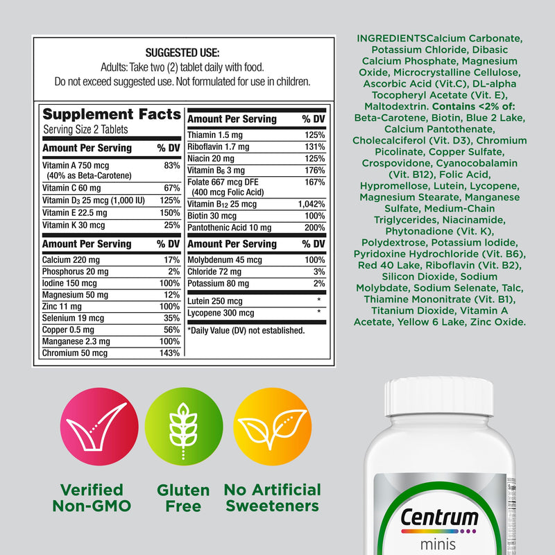 Centrum Minis Silver Multivitamin for Adults 50 and Over, 320 Tablets | Contains Vitamin D3, B Vitamins, Clinically Proven to Support Memory as You Age, GLP-1 Support Unflavored 320 Count (Pack of 1)