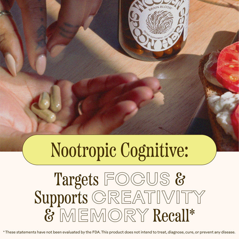 [Australia] - Wooden Spoon Herbs Brain Bloom | USDA Certified Organic Brain Supplement for Memory & Focus | 8 Herb Complex with Rosemary, Bacopa, & Lion's Mane | Gluten-Free, Non-GMO, Vegan (60 CT, Capsules) 