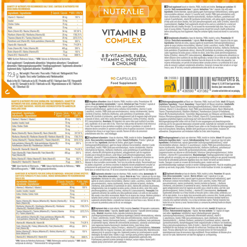 Vitamin B Complex + Vitamin C - High Dosage - 8 Vitamins B C Inositol Choline PABA - Complete Vitamin B Complex B1 B2 B3 B5 B6 Biotin (B7) Folic Acid (B9) B12-90 Capsules Nutralie