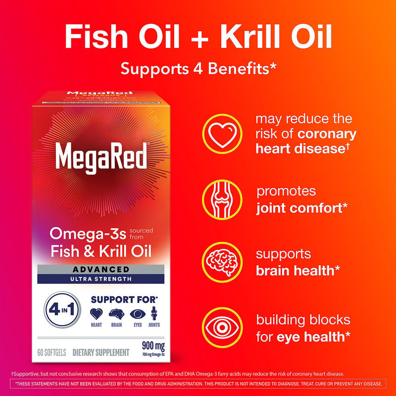 [Australia] - Megared Omega-3 Fish & Krill Oil Supplement 900mg - MegaRed Advanced 4in1, 60 softgels, 2x More Omega-3, Heart, Joint, Brain and Eye Supplement, Red, 60 Count 