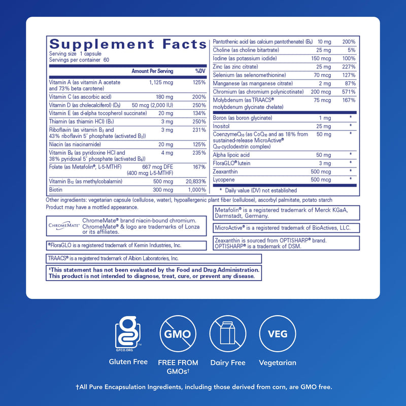 Pure Encapsulations O.N.E. Multivitamin, 60 Capsules | Once Daily Multivitamin with Antioxidant Complex Metafolin, CoQ10, and Lutein to Support Vision, Cognitive Function* 60 Count (Pack of 1)