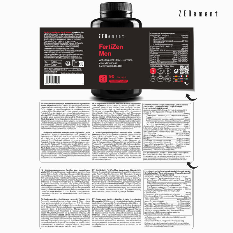 FertiZen Men - Formula for Male Fertility and Reproduction - with Ubiquinol, DHA, L-Carnitine, Zinc and Vitamins B6, B9 and B12-90 Softgels - 1 Month Supply - Zenement
