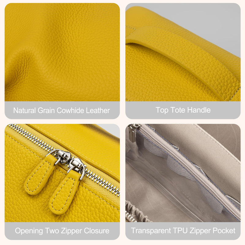 DORIS&JACKY Premium Leather Cosmetic Bag, Large Capacity Travel Makeup Case and Multi PocketsToiletry Storage Organizer with Divider and Tote Handle (4-Yellow) 4-Yellow