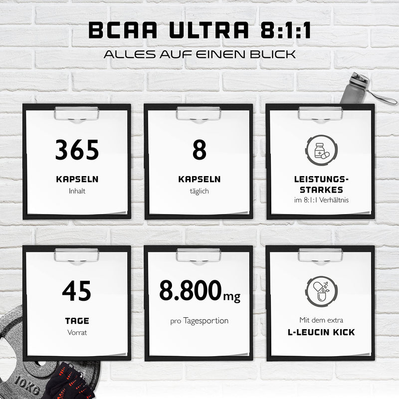 [Australia] - BCAA Ultra Caps - 365 capsules with high doses of 1100 mg per capsule - Premium: Powerful 8:1:1 ratio - Leucine, L-Isoleucine, L-Valine - Branched-chain essential amino acids 
