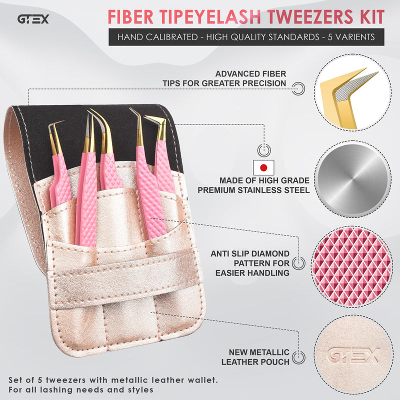 GTEX Fiber Tip Lash Tweezers For Eyelash Extension Set of 5, Professional Eyelash Tweezers For Lash Extensions - 90 45 Degree Curved Volume Tweezer Pink