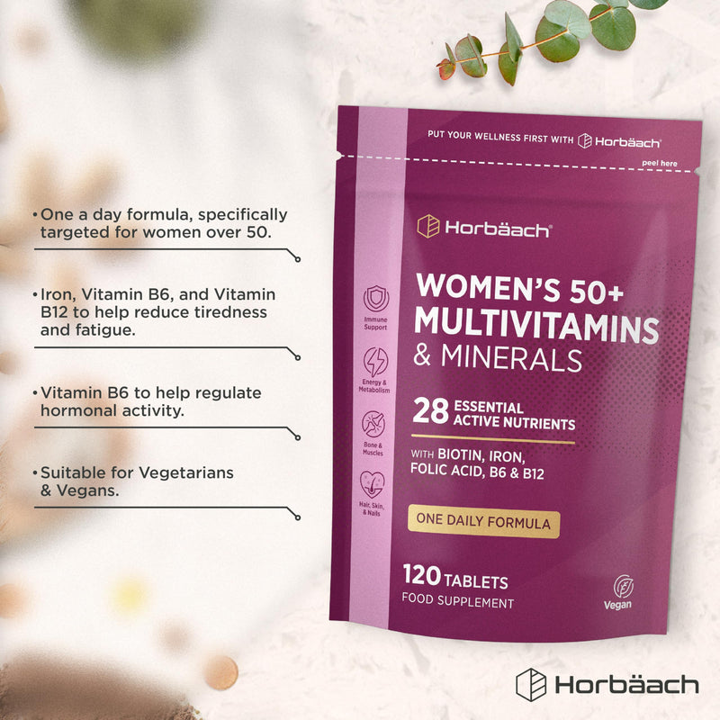 Multivitamins for Women 50+ | 4 Months Supply | 28 Essential Vitamins & Minerals Including Biotin, Iron, Folic Acid, B6, B12, Calcium, Zinc, Vitamin C & More! | 120 Vegan Tablets | by Horbaach