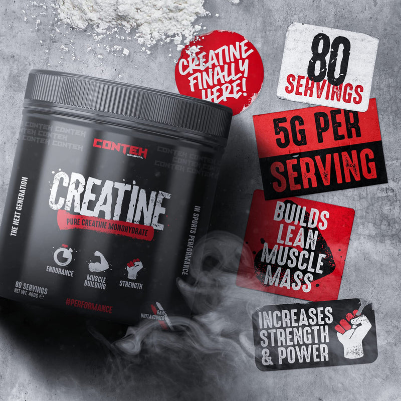 Conteh Sports Creatine Monohydrate Powder 400g - Micronised, Unflavoured - 80 Servings for Strength, Power & Recovery