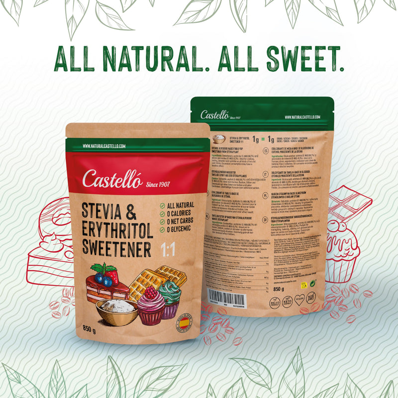 [Australia] - Stevia + erythritol 1:1 sweetener | 1g = 1g sugar | 100% Natural Sugar Substitute - 0 Calories - 0 Glycemic Index - Keto and Paleo - 0 Net Carbs - No GMO - Castello since 1907-850 g 