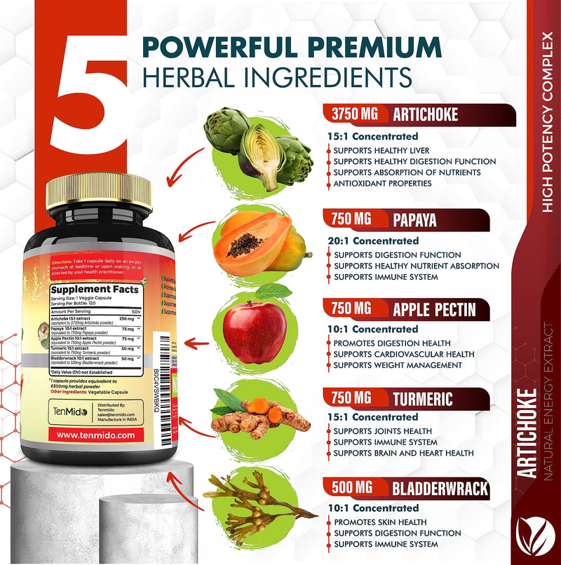 [Australia] - Artichoke Supplement Extract Capsules 6500mg, 4 Months Supply with Papaya, Apple Pectin, Turmeric Curcumin, Bladderwrack - Supports Digestion Function - 120 Vegan Capsules 