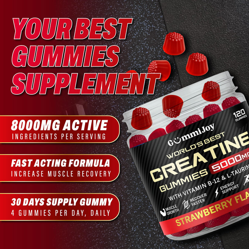 Creatine Gummies 5000mg | 120 Max Strength Muscle Growth | Recovery Supplements for Men & Women | Creatine Monohydrate Plus B12 and L-Taurine | Strawberry Flavour | 1 Month Supply 120 count (Pack of 1)