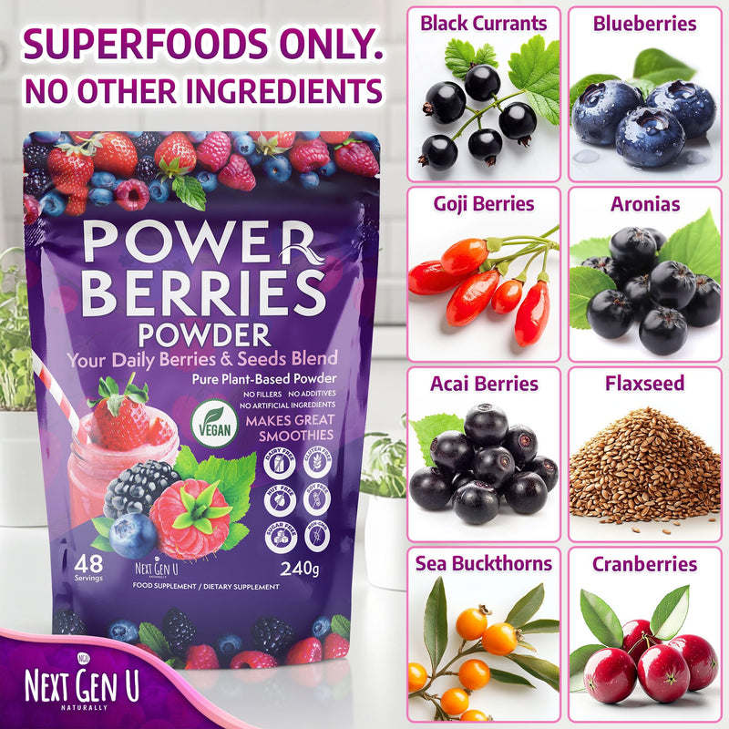 Super Berry Powder - 1 Pack, 240g - Immune Support - Food Supplement - Superfood Berries - Smoothie Mix for Shakes - Healthy Boost for Detox Juice Beverages or Any Drink - by NextGenU 240g (Pack of 1) Brown