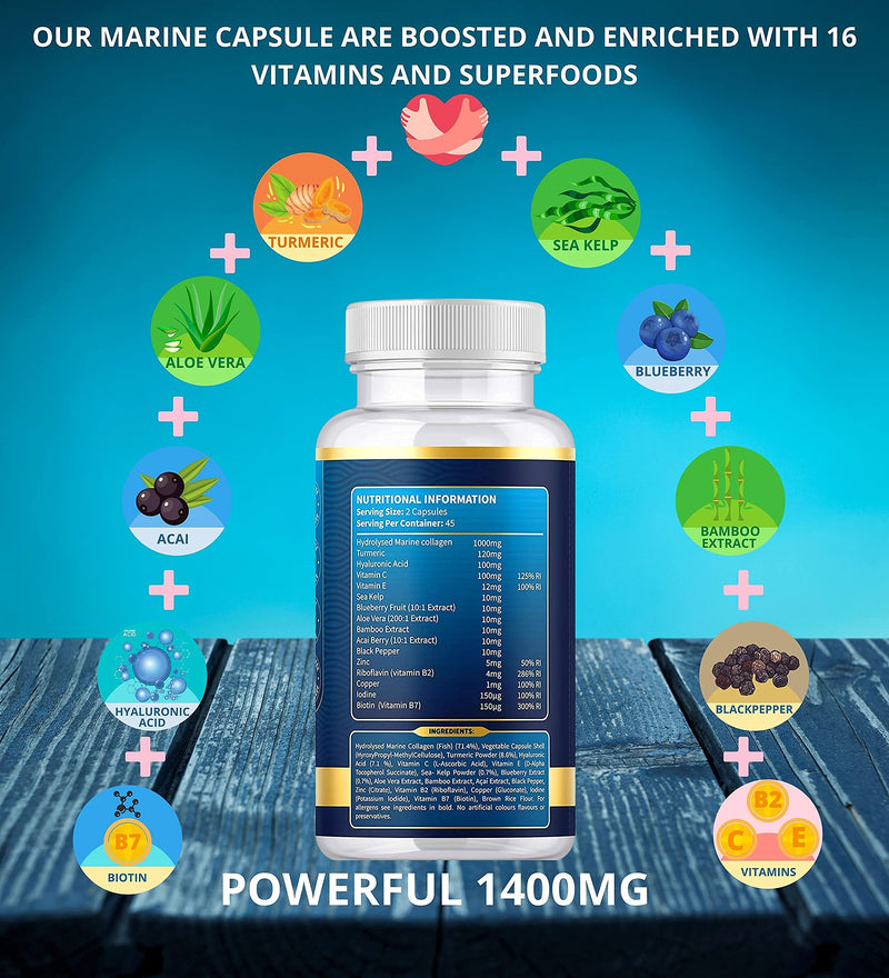 High Strength Marine Collagen 1400MG Tablets - with Turmeric & Kelp - Skin, Hair, Nails & Joints - with Hyaluronic Acid, Blueberry, Biotin, Vitamin C, E, B2, B7 Minerals - Hydrolysed Type 1 90 Capsule