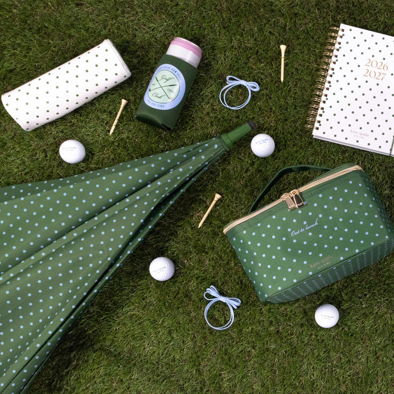 kate spade new york Outdoor Fun Golf Pouch Set, Lexington Dot | Clear and Green Polka Dot Travel Pouch with Drink Hugger, 3 Wooden Golf Tees & 2 Hair Ties, Zipper Bag with Leatherette Trim