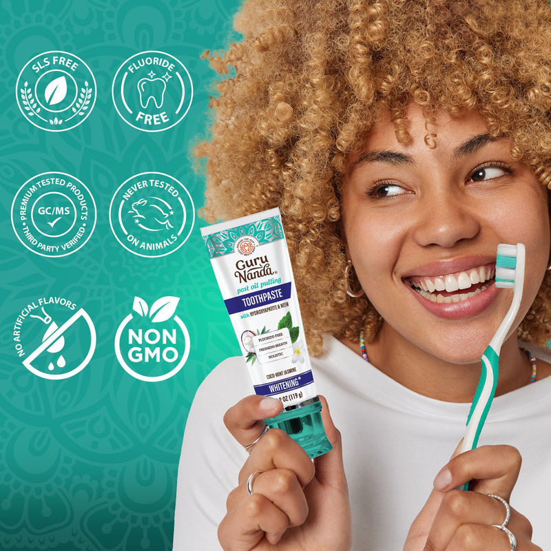 [Australia] - GuruNanda Hydroxyapatite Toothpaste, SLS & Fluoride Free (4 Pack), Whitening Toothpaste - Freshens Breath, Fights Plaque - with 2 Toothbrushes, 2 Tongue Scrapers & 2 Tube Squeezers 4.2 Ounce (Pack of 4) 