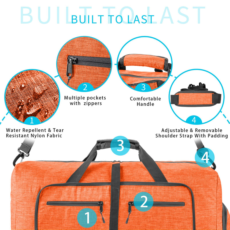 Vomgomfom 65L/85L/115L Foldable Travel Duffle Bag with Shoe Compartment | Tear-Resistant 600D Polyester, Only 1.06 lb, Folds Into Compact Pouch, 5 Zip Pockets, Trolley Sleeve, Gym & Weekend Ready L Orange 115L