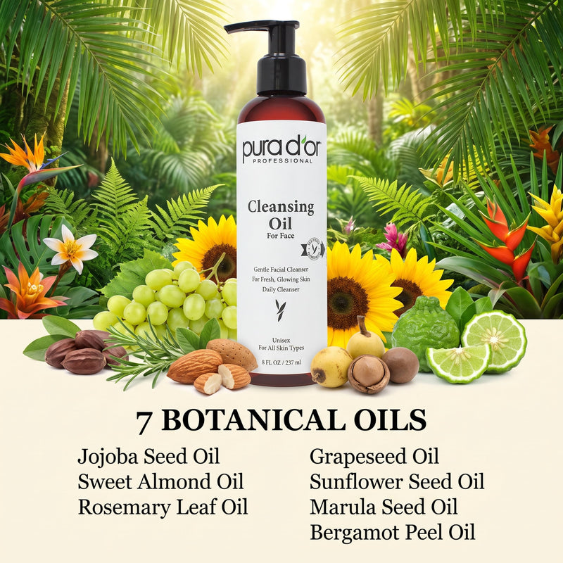 PURA D'OR Facial Cleansing Oil (8 Oz x2 = 16 Oz) Nourishing Botanical Blend with & Vitamin, Jojoba and Sunflower Oil - Gentle Makeup Remover & Deep Cleanser For Healthy, Glowing Skin - Paraben-Free 8 Fl Oz (Pack of 2)