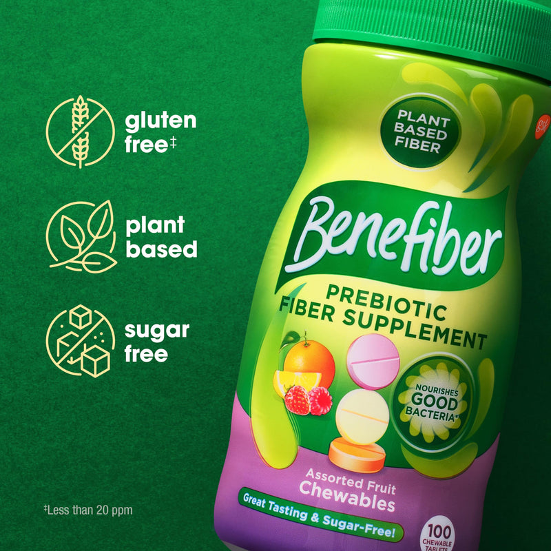 [Australia] - Benefiber Chewable Prebiotic Fiber Supplement Tablets for Digestive Health, Assorted Fruit Flavors - 100 Count 