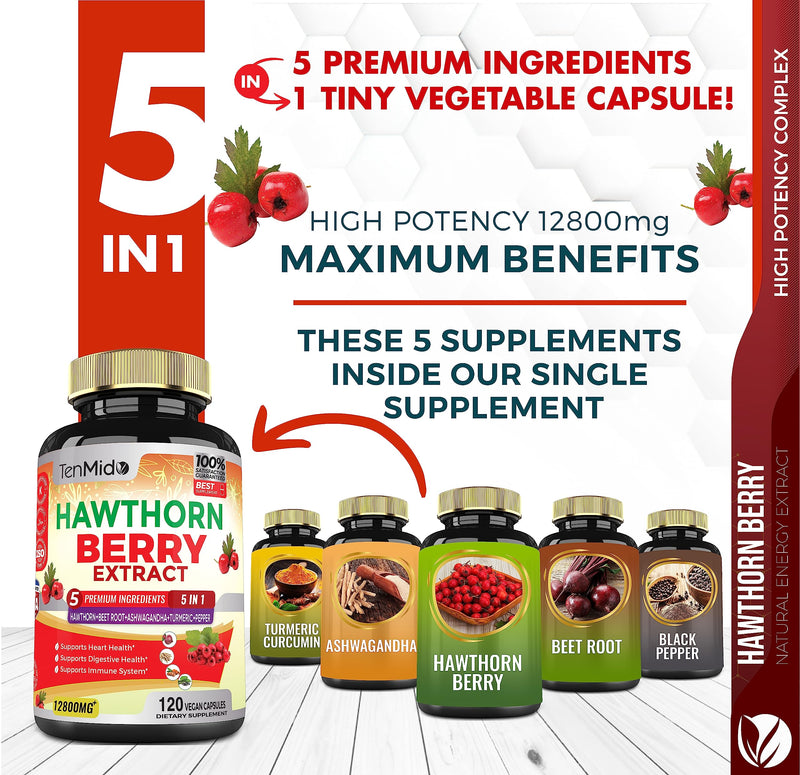 [Australia] - Hawthorn Berry Supplement Extract Capsules 12800mg - 120 Vegan Capsules for 4 Months - Combined Beet Root, Ashwagandha, Turmeric Curcumin & Black Pepper - Supports Heart Health & Energy Production 