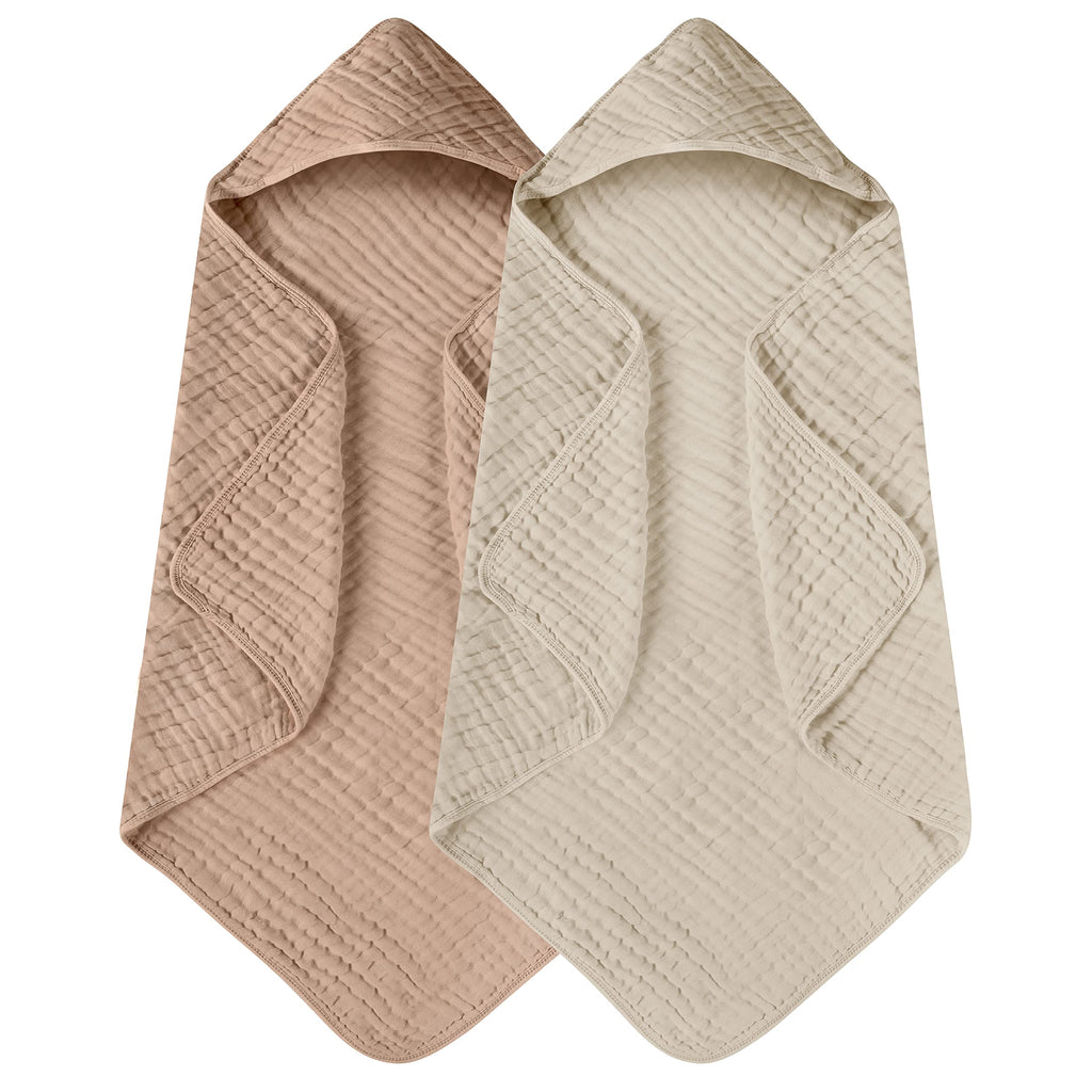 Yoofoss Hooded Baby Towels for Newborn 2 Pack 100% Muslin Cotton Baby Bath Towel with Hood for Babies, Infant, Toddler and Kids, Large 32x32Inch, Soft and Absorbent Newborn Essential Beige & Coffee