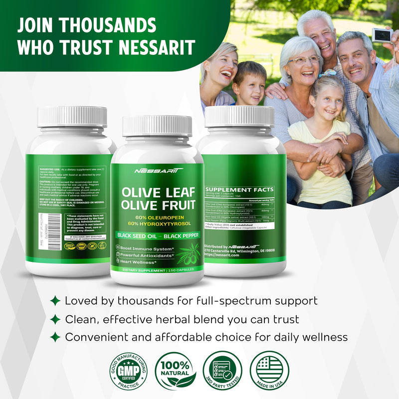 [Australia] - Olive Leaf & Olive Fruit 9,100mg with 60% Oleuropein & 60% Hydroxytyrosol ‚Äì Plus Black Seed Oil & Black Pepper ‚Äì 150 Capsules ‚Äì Made in USA 150 count (Pack of 1) 