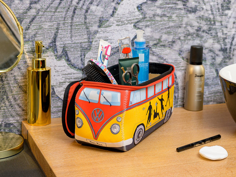 BRISA VW Collection - T1 Bus Camper Toiletry Bag Cosmetic Case | Volkswagen Toiletry Bag Cosmetic Case, Water-Repellent, Hanging Hook, 4 Mesh Pockets for Travel, Neoprene, Football Large Large (11.8 X 5.5 X 4.7 Inches)