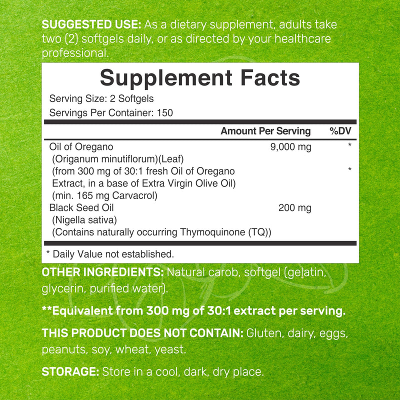 [Australia] - Deal Supplement Oil of Oregano Softgels with Black Seed Oil, 9,000mg Per Serving, 300 Count – 30:1 Extract, Active Carvacrol & Thymoquinone – Antioxidant Immune Health Support – Plant Based, GMO-Free 