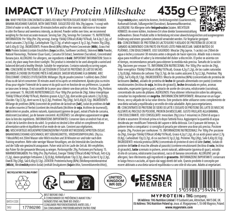 Myprotein Impact Whey Protein Milkshake - Banana Milkshake | 15 Servings | Creamy Dessert-Style Gym Shake | 20g+ Protein Per Serving | Rich, Smooth & Indulgent Taste | Low Fat & Easy Mixing