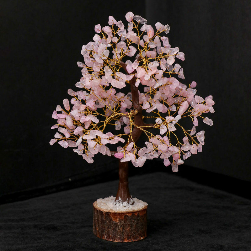 Rose Quartz Gemstone Tree - Crystal for Positive Energy, Handmade Chakra Tree, Feng Shui Figurine Money Bonsai, Good Luck Reiki Healing Crystals, Decoration Ornament Sculpture Prosperity Gift 001 Rose Quartz (Golden Wire)