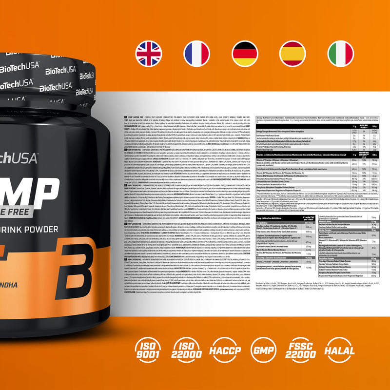 BioTechUSA Pump Caffeine Free | Energy, Focus & Immune Support | 19 Active Ingredients | Pre-Workout Drink Powder, 330 g, Tropical Fruit