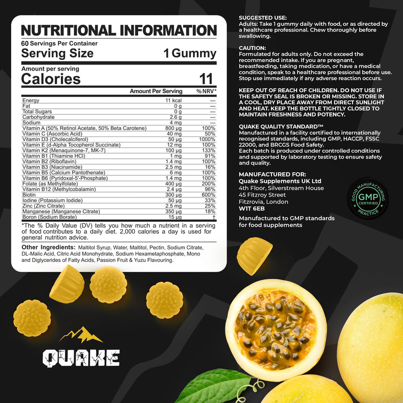 Quake Multivitamin Gummies – High Strength Vitamins A, C, D3, E, K2 & B Complex – Daily Energy, Immune & Bone Support – Vegan, Sugar Free – Passion Fruit Yuzu – 60 Gummies (60 Day Supply)