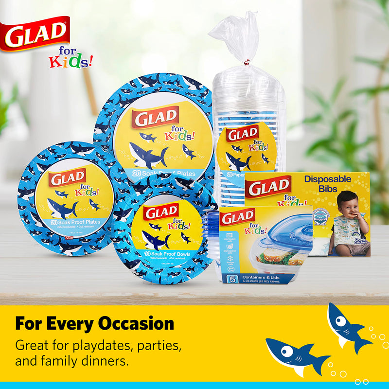 [Australia] - Glad for Kids Sharks Paper Bibs, 30 Count - Disposable Paper Bibs with Cute Sharks Design for Kids - Travel Bibs for Kids - Art & Craft Disposable Kids Bibs 30 Count (Pack of 1) 