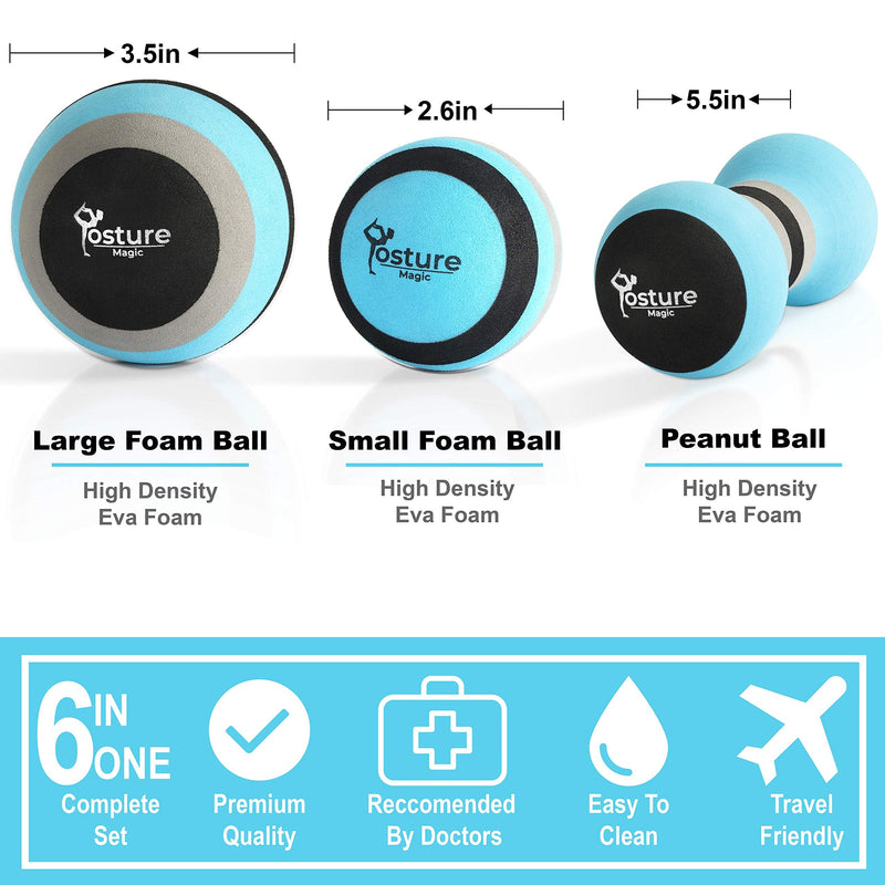 [Australia] - Massage Ball Set for Myofascial Trigger Point Release & Deep Tissue Massage - Set of 6 - Large Foam/Small Foam/Lacrosse/Peanut/Spiky/Hand Exercise Ball (Blue) Blue 